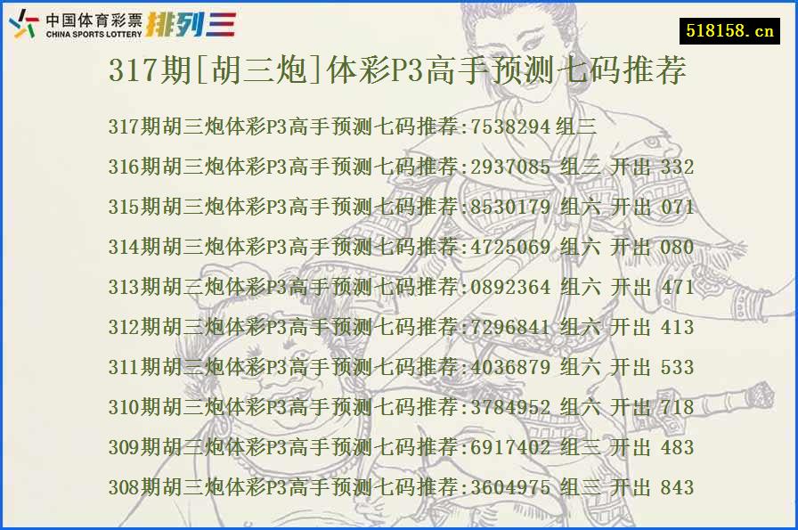 317期[胡三炮]体彩P3高手预测七码推荐