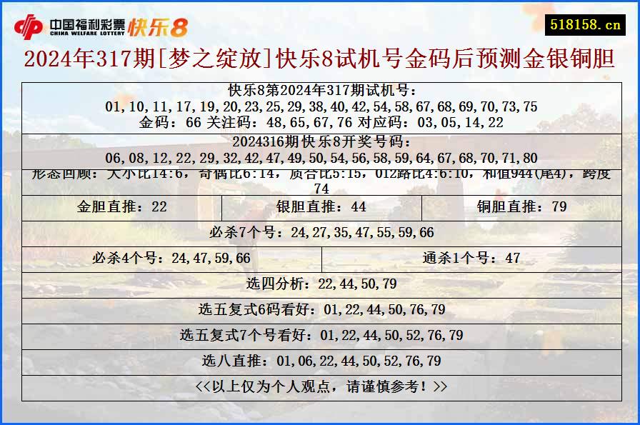 2024年317期[梦之绽放]快乐8试机号金码后预测金银铜胆