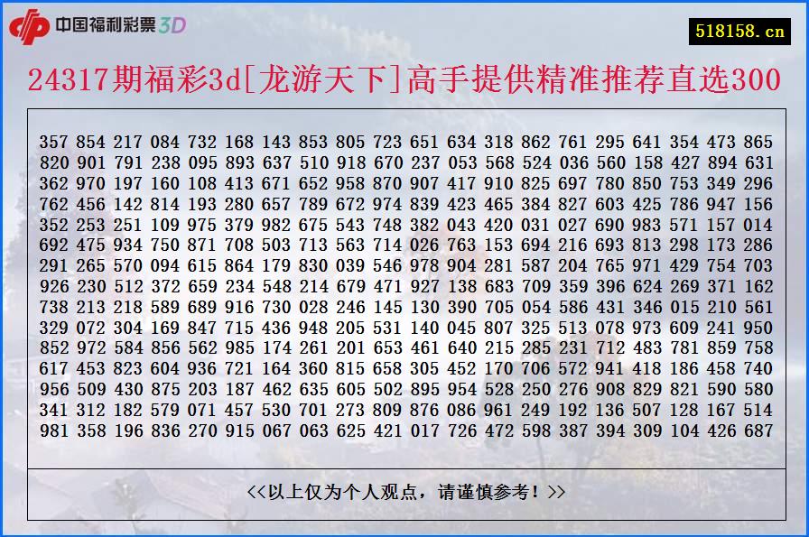 24317期福彩3d[龙游天下]高手提供精准推荐直选300