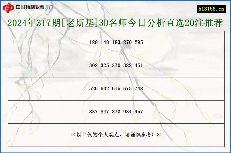 2024年317期[老斯基]3D名师今日分析直选20注推荐