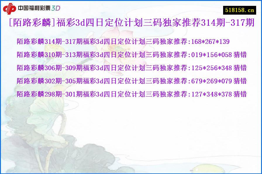 [陌路彩麟]福彩3d四日定位计划三码独家推荐314期-317期