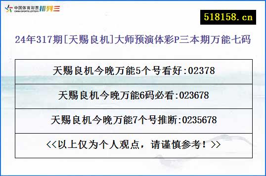 24年317期[天赐良机]大师预演体彩P三本期万能七码