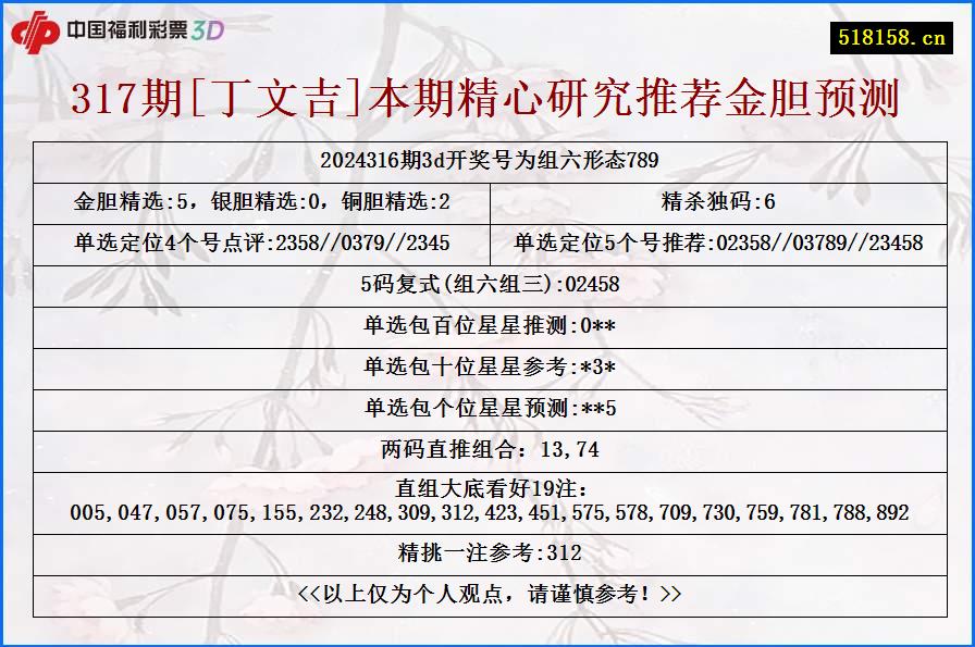 317期[丁文吉]本期精心研究推荐金胆预测