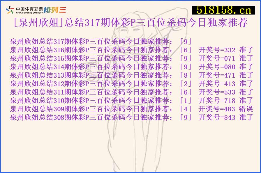 [泉州欣姐]总结317期体彩P三百位杀码今日独家推荐