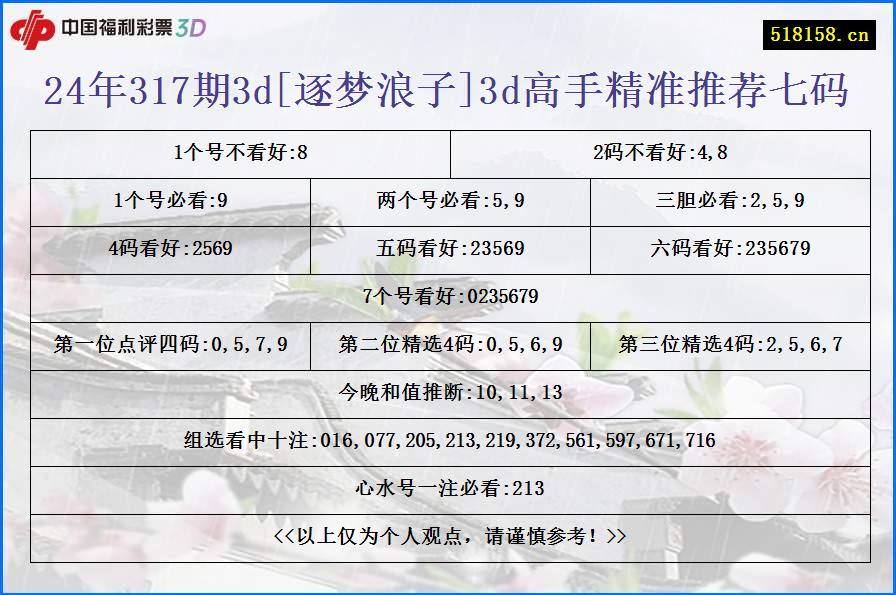 24年317期3d[逐梦浪子]3d高手精准推荐七码