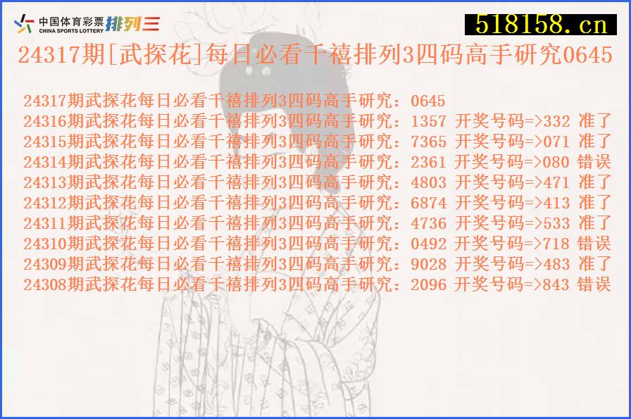 24317期[武探花]每日必看千禧排列3四码高手研究0645