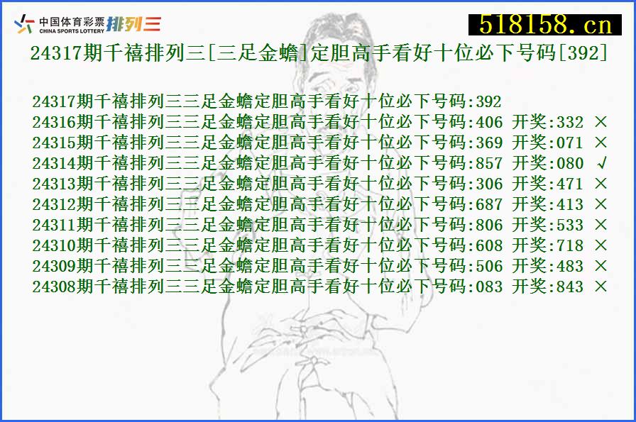 24317期千禧排列三[三足金蟾]定胆高手看好十位必下号码[392]