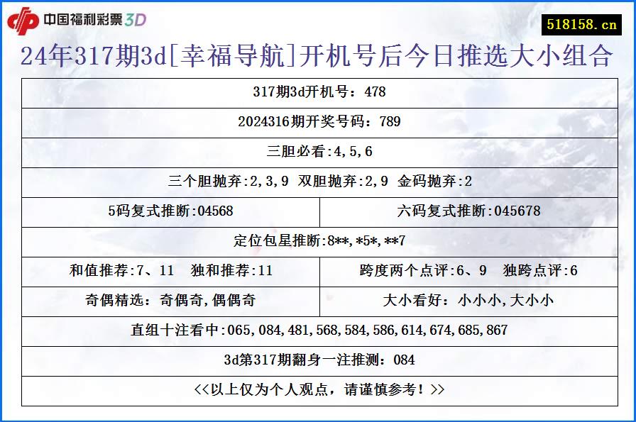 24年317期3d[幸福导航]开机号后今日推选大小组合