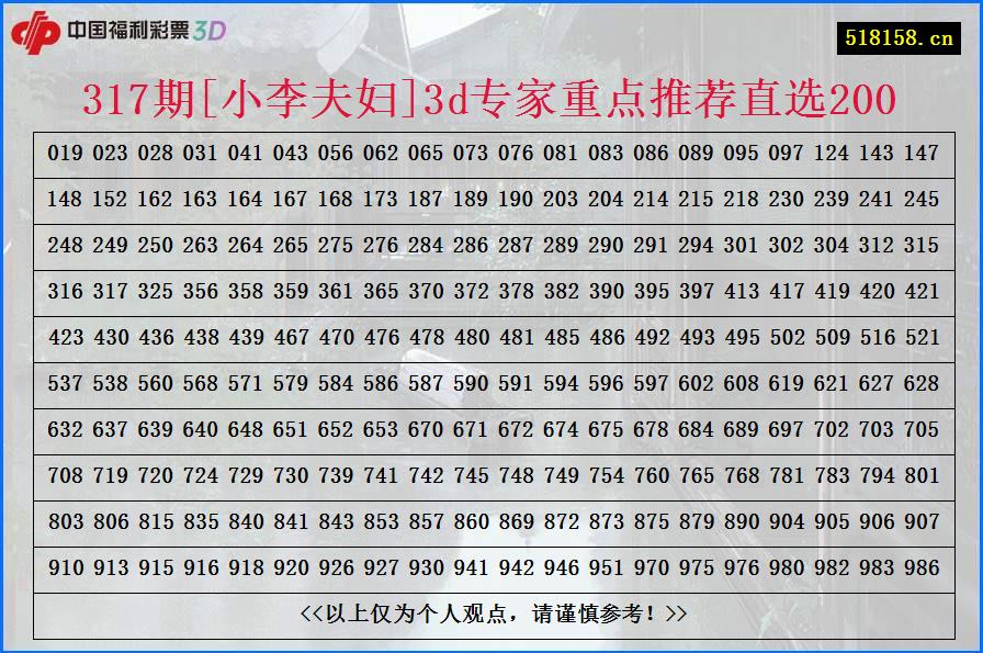 317期[小李夫妇]3d专家重点推荐直选200