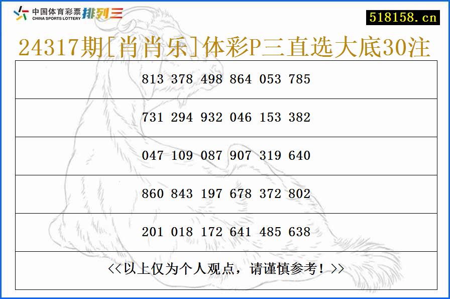 24317期[肖肖乐]体彩P三直选大底30注