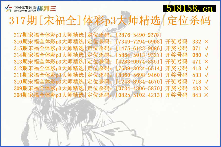 317期[宋福全]体彩p3大师精选|定位杀码