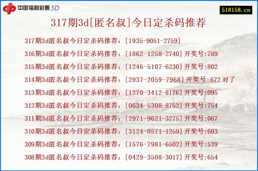 317期3d[匿名叔]今日定杀码推荐