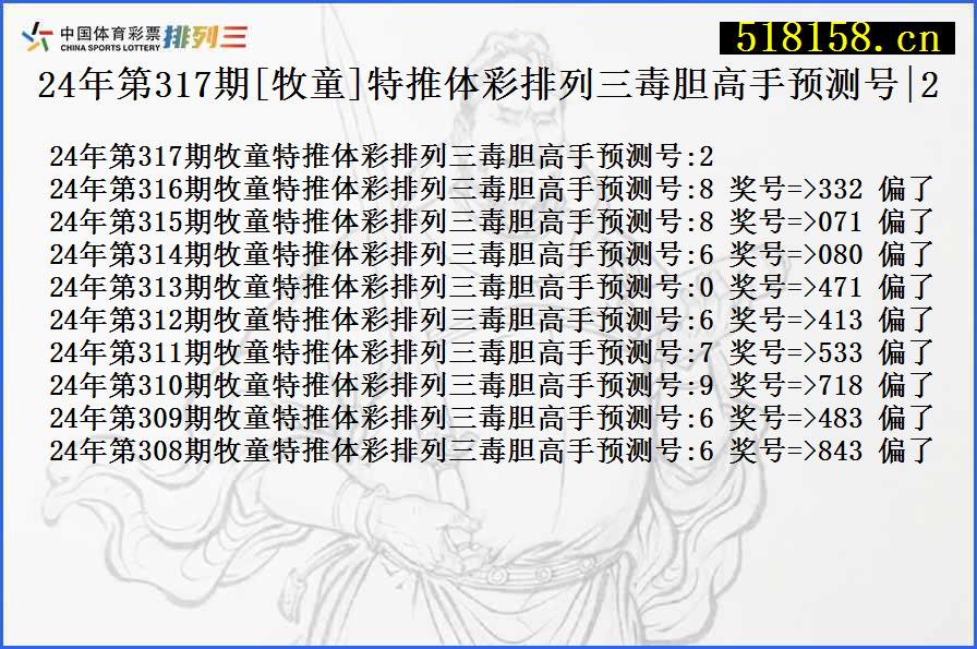 24年第317期[牧童]特推体彩排列三毒胆高手预测号|2