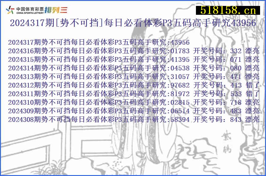 2024317期[势不可挡]每日必看体彩P3五码高手研究43956