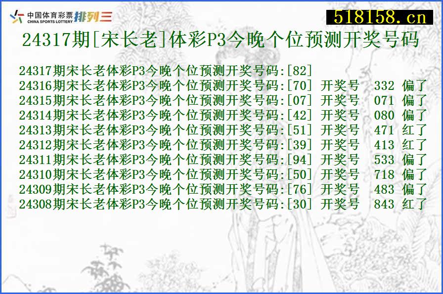 24317期[宋长老]体彩P3今晚个位预测开奖号码