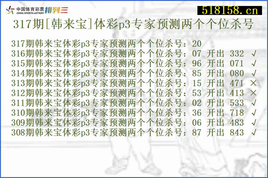 317期[韩来宝]体彩p3专家预测两个个位杀号