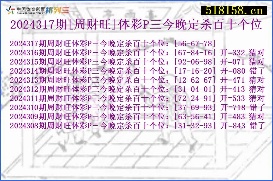 2024317期[周财旺]体彩P三今晚定杀百十个位