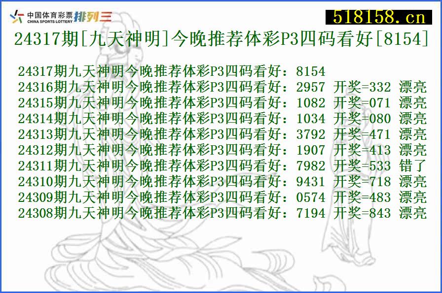 24317期[九天神明]今晚推荐体彩P3四码看好[8154]