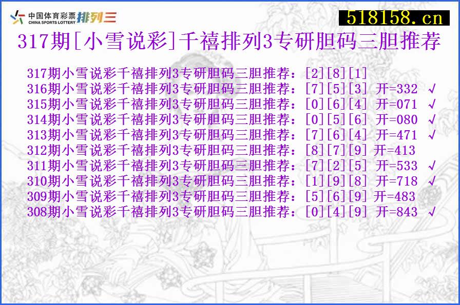 317期[小雪说彩]千禧排列3专研胆码三胆推荐