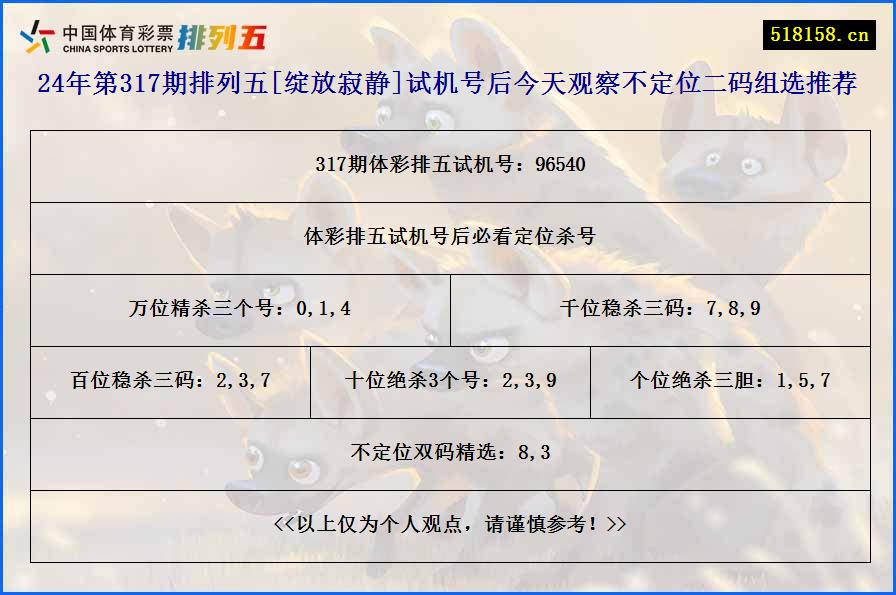 24年第317期排列五[绽放寂静]试机号后今天观察不定位二码组选推荐