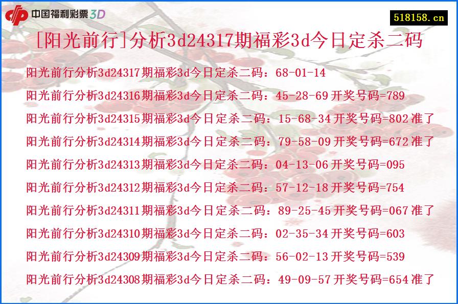 [阳光前行]分析3d24317期福彩3d今日定杀二码