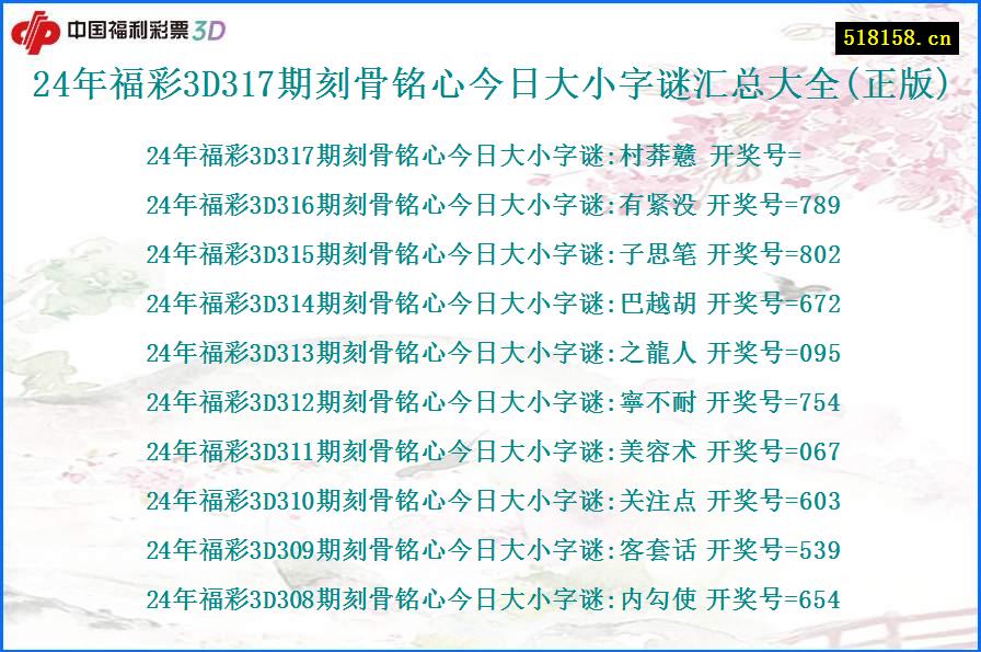 24年福彩3D317期刻骨铭心今日大小字谜汇总大全(正版)