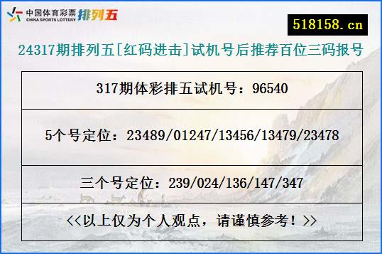 24317期排列五[红码进击]试机号后推荐百位三码报号