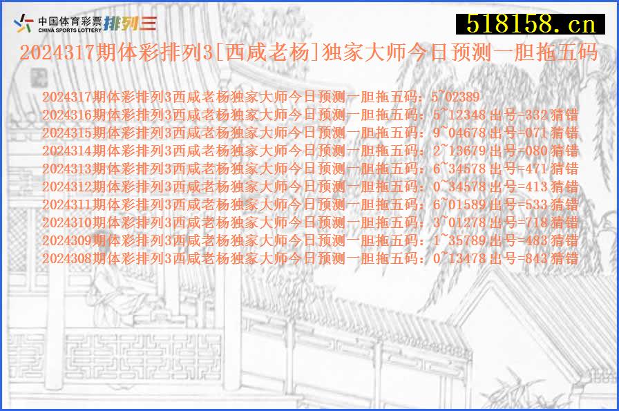 2024317期体彩排列3[西咸老杨]独家大师今日预测一胆拖五码