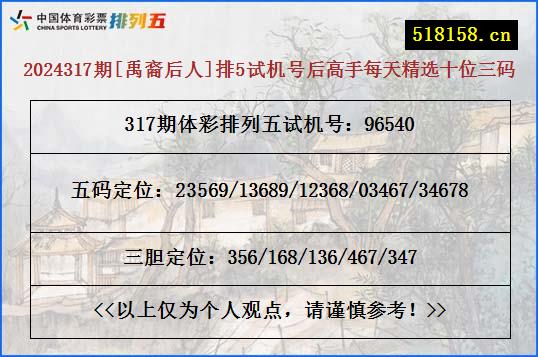 2024317期[禹裔后人]排5试机号后高手每天精选十位三码