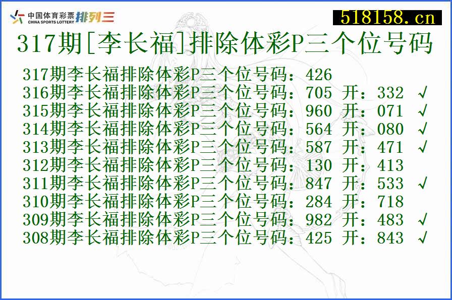 317期[李长福]排除体彩P三个位号码