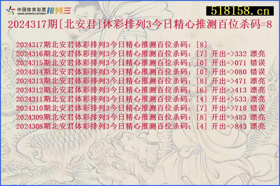 2024317期[北安君]体彩排列3今日精心推测百位杀码=8