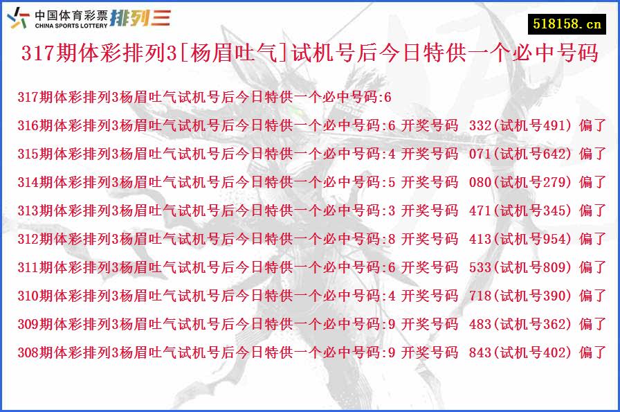 317期体彩排列3[杨眉吐气]试机号后今日特供一个必中号码