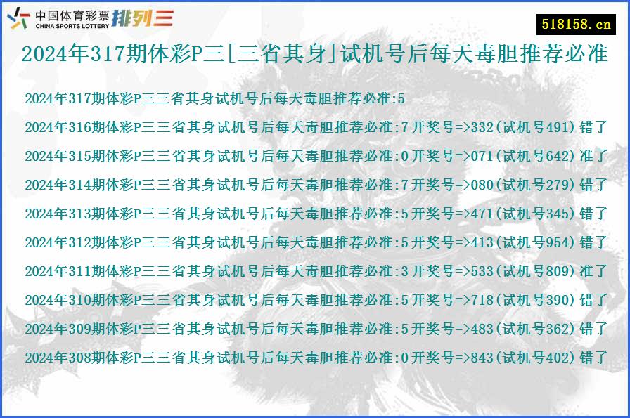 2024年317期体彩P三[三省其身]试机号后每天毒胆推荐必准