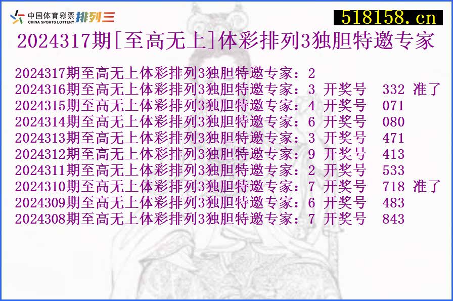 2024317期[至高无上]体彩排列3独胆特邀专家