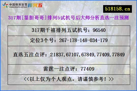 317期[鉴胆哥哥]排列5试机号后大师分析直选一注预测