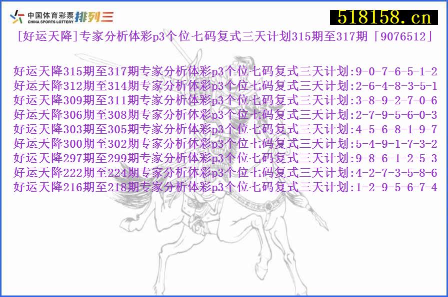 [好运天降]专家分析体彩p3个位七码复式三天计划315期至317期「9076512」