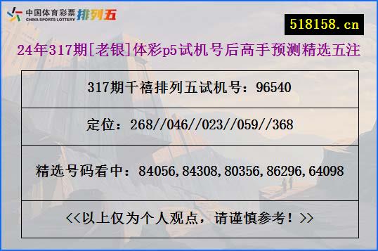 24年317期[老银]体彩p5试机号后高手预测精选五注