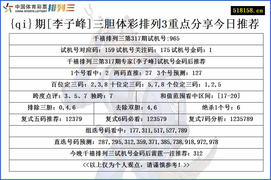 {qi}期[李子峰]三胆体彩排列3重点分享今日推荐