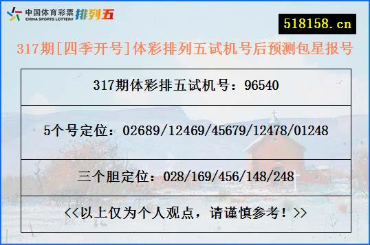 317期[四季开号]体彩排列五试机号后预测包星报号