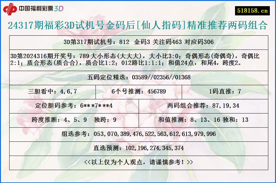 24317期福彩3D试机号金码后[仙人指码]精准推荐两码组合