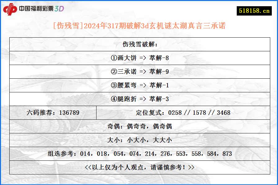 [伤残雪]2024年317期破解3d玄机谜太湖真言三承诺