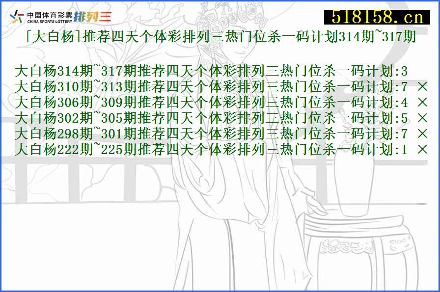 [大白杨]推荐四天个体彩排列三热门位杀一码计划314期~317期