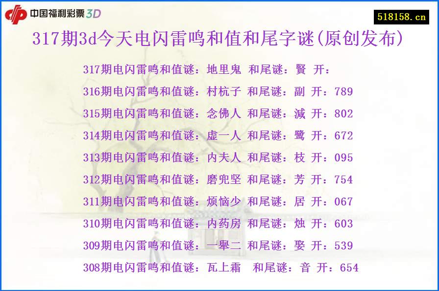 317期3d今天电闪雷鸣和值和尾字谜(原创发布)