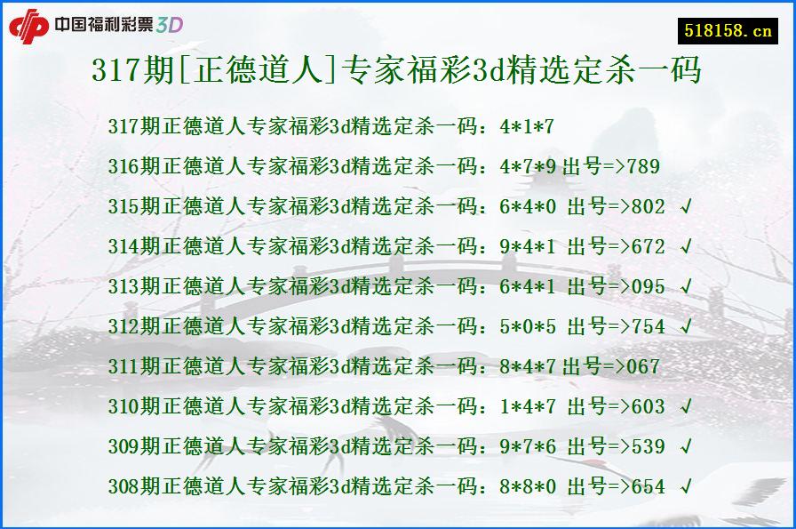 317期[正德道人]专家福彩3d精选定杀一码