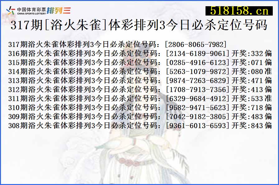 317期[浴火朱雀]体彩排列3今日必杀定位号码