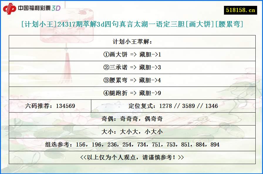[计划小王]24317期萃解3d四句真言太湖一语定三胆[画大饼][腰累弯]