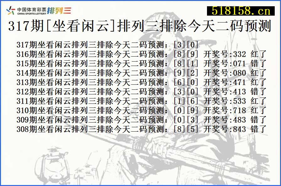 317期[坐看闲云]排列三排除今天二码预测