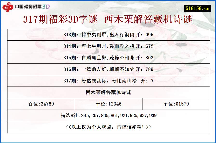 317期福彩3D字谜 西木栗解答藏机诗谜