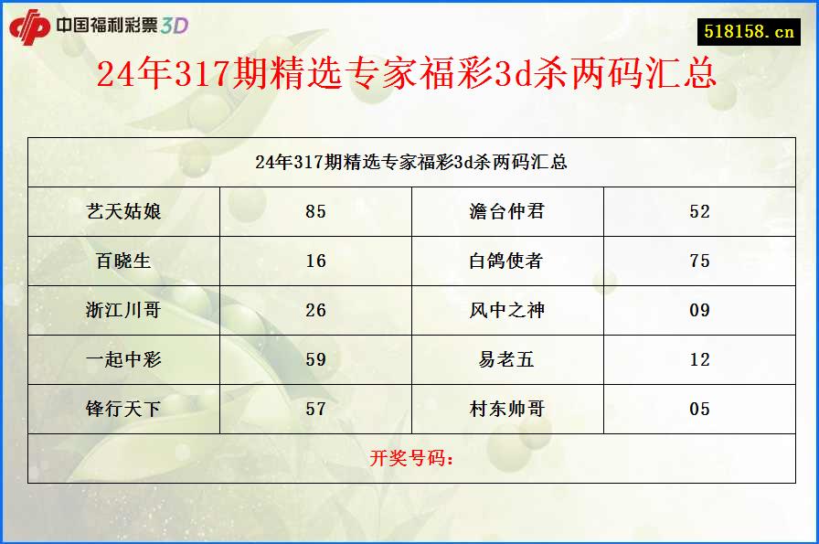 24年317期精选专家福彩3d杀两码汇总
