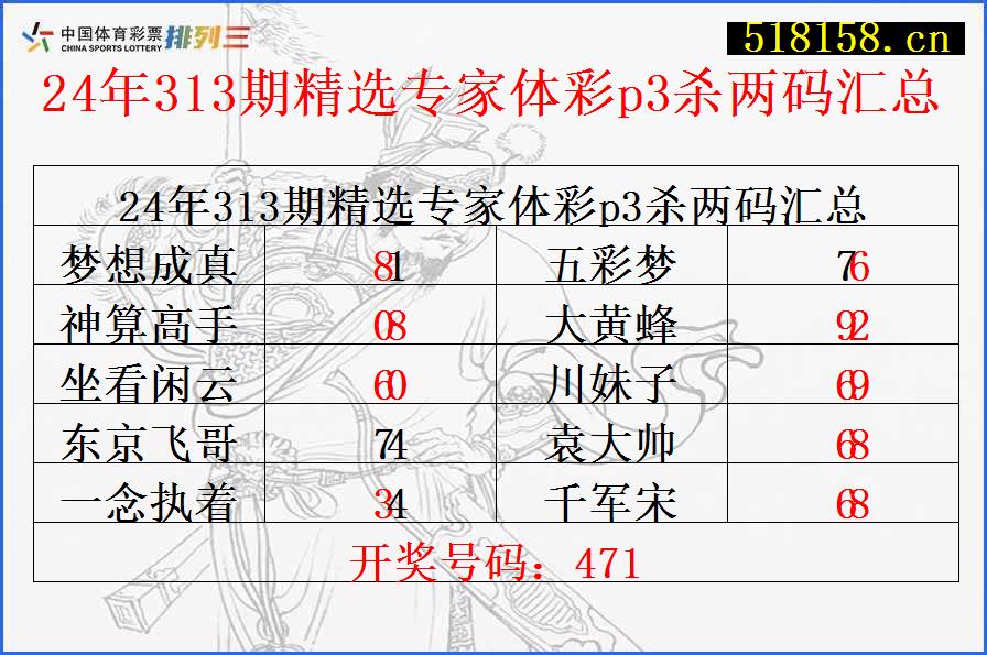 24年313期精选专家体彩p3杀两码汇总